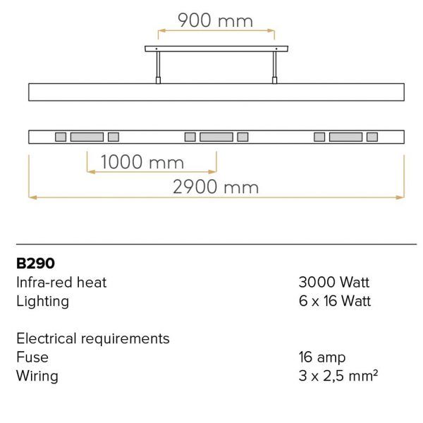 Image of spec sheet for beem-290-tech. Beem INFRARED Outdoor Heater - MULTIFUNCTIONAL Exterior CEILING HEATER With DIMMABLE LIGHT & MIST COOLING System By HEATSAIL High Quality Garden Heating