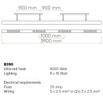 Image of spec sheet for beem-390-tech. Beem INFRARED Outdoor Heater - MULTIFUNCTIONAL Exterior CEILING HEATER With DIMMABLE LIGHT & MIST COOLING System By HEATSAIL High Quality Garden Heating