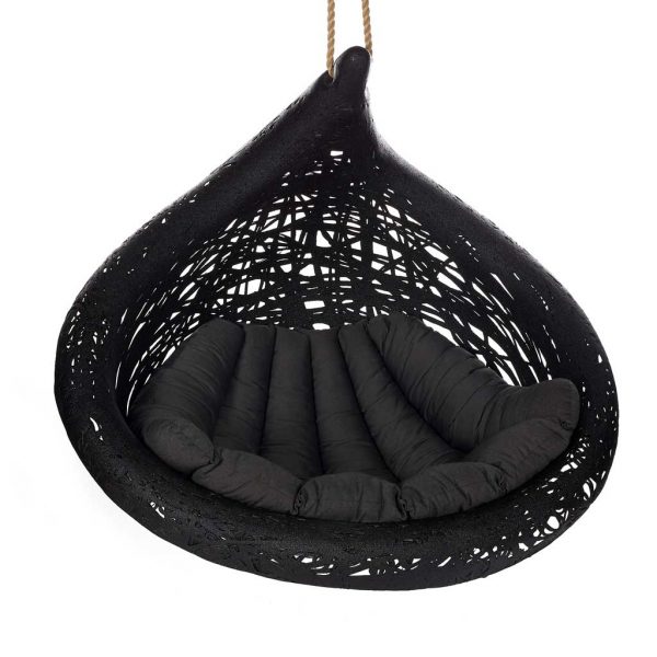 Studio image of black Bios Lucid hanging chair and grey cushion by Unknown Nordic