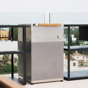 Image of Roshults Booster BBQ Grill in between outdoor kitchen sideboards