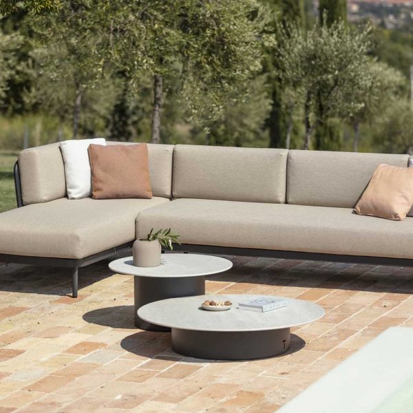 Image of pair of Todus Branta low tables with Baza modern outdoor sofa in background