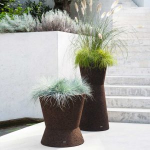 Image of pair of RODA Bush On brown cork eco planters with white raised bed and flight of steps in background