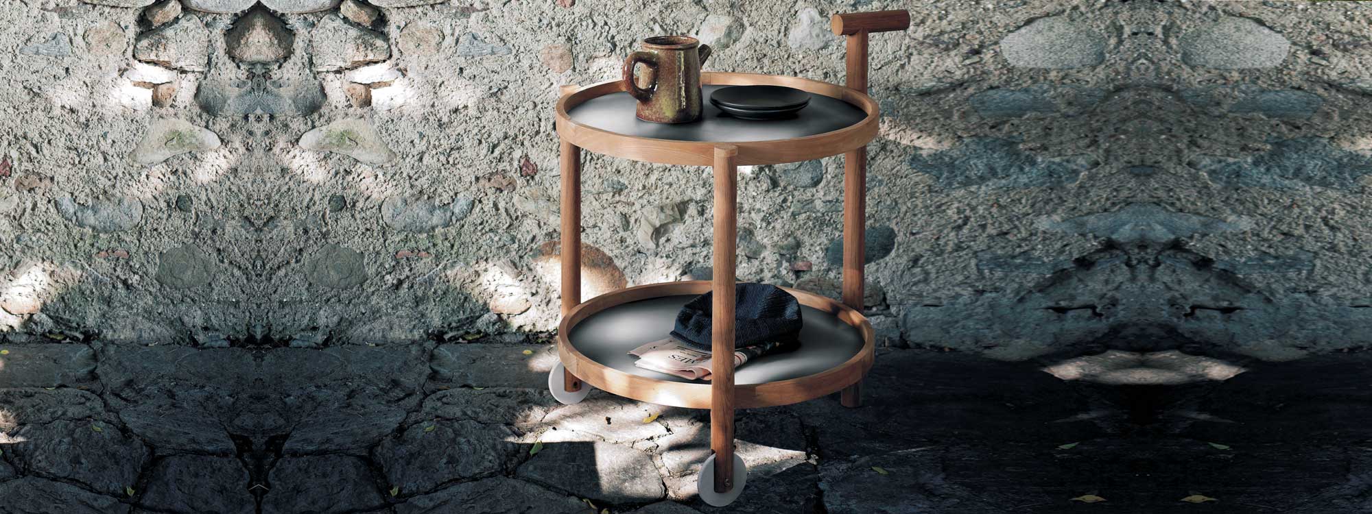 Image of Caddy minimalist garden drinks trolley in teak and stainless steel by Gordon Guillaumier for RODA