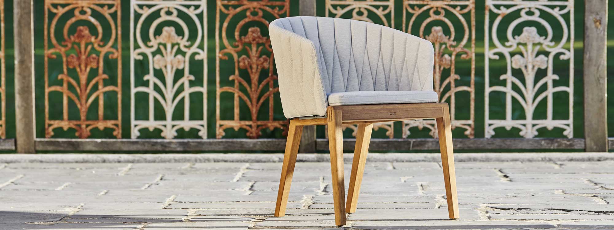 Image of Royal Botania teak garden chair with taupe upholstery