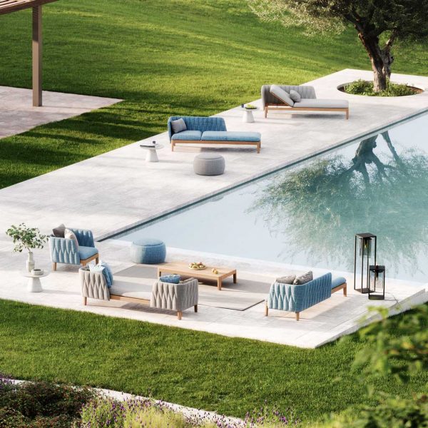 Image of large configuration of Royal Botania CALYPSO Lounge Garden sofas around swimming pool