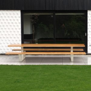 Image of Cassecroute minimalist picnic table with white frame and iroko bench and table tops