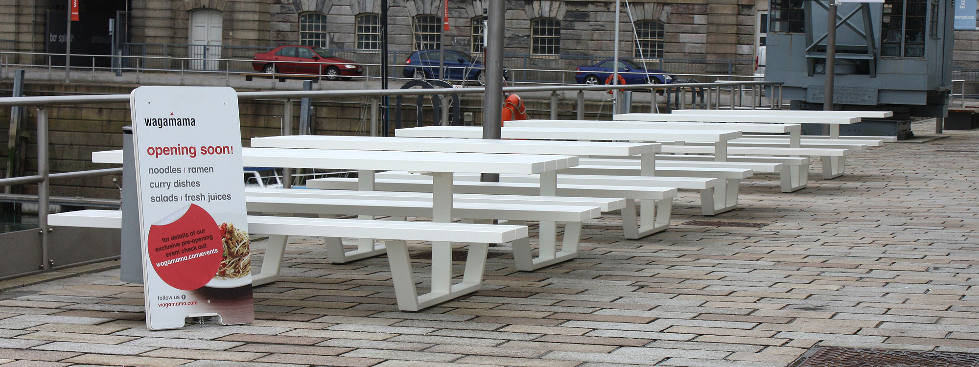 White Cassecroute MODERN Picnic Table & LUXURY PICNIC FURNITURE At Wagamama At Plymouth Historic Dockyard. SHORT Or LONG Picnic Table Sizes Up To 14m Made In High QUALITY Picnic Furniture Materials. Cassecroute DESIGNER Picnic FURNITURE Designed By Ronald Mattelé.