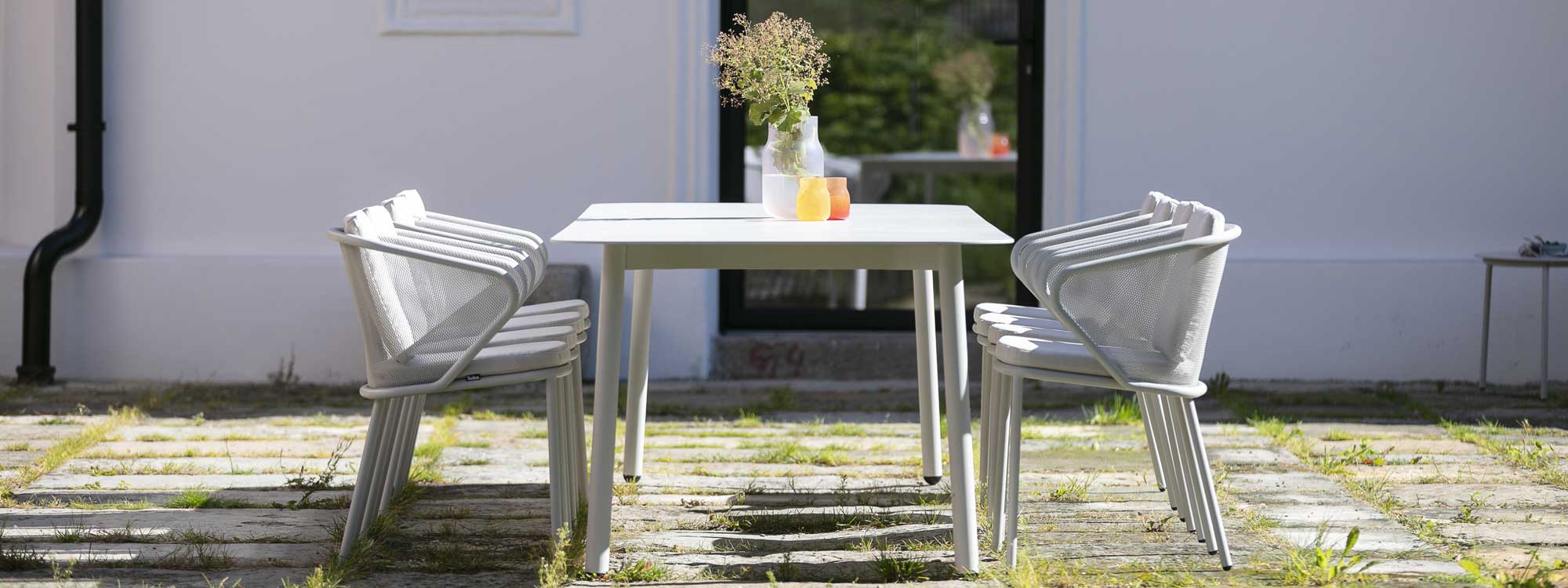 Image of Starling 10 seat garden dining table and Condor chairs in White stainless steel on rustic terrace