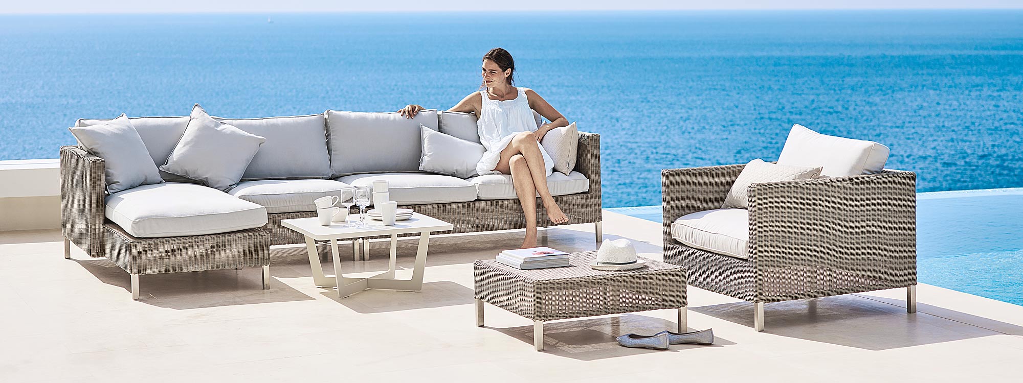Connect rattan garden sofa is a modular outdoor sofa in low maintenance garden furniture materials by Caneline furniture company