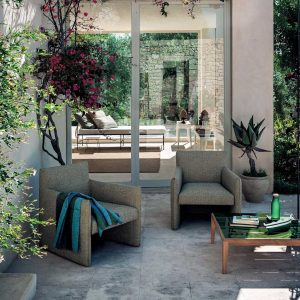 Double designer garden lounge chair is a modern outdoor relax chair in finest garden furniture materials by RODA luxury outdoor furniture
