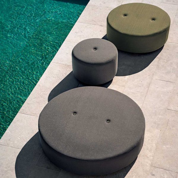 Image of different sizes of Double circular garden poufs on poolside