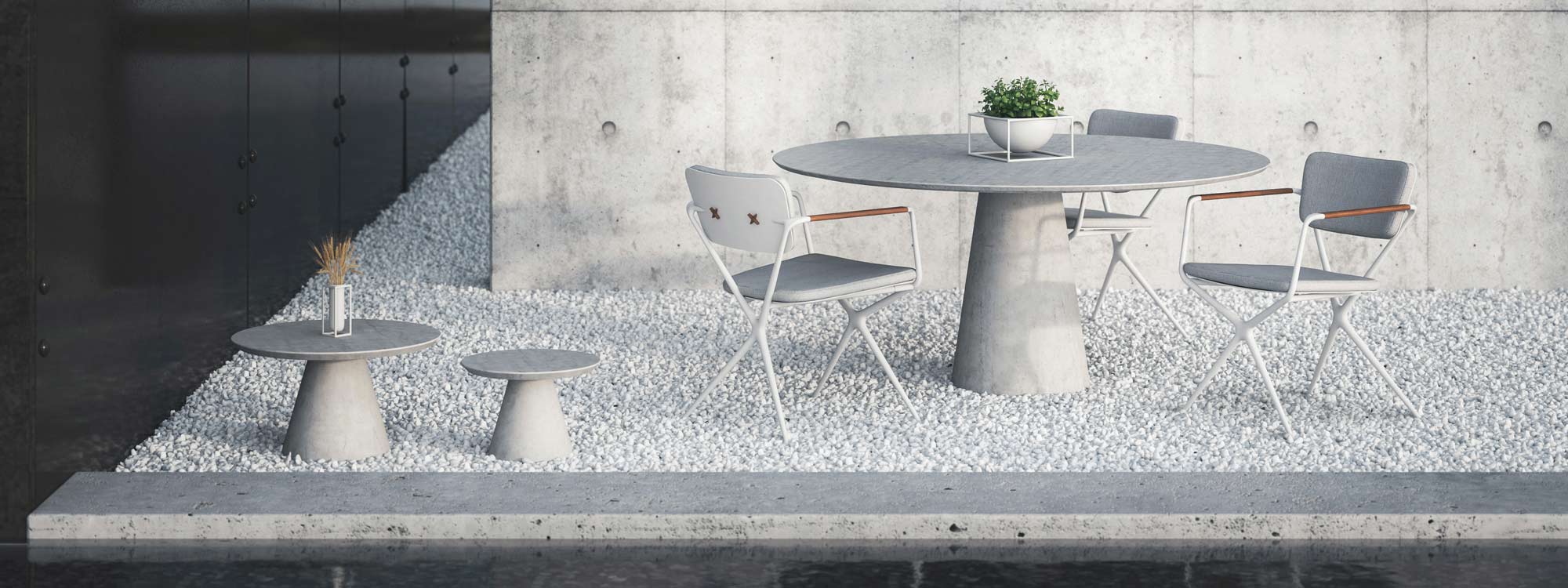 Image of Exes white garden chair with Conix concrete garden table by Royal Botania