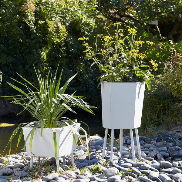 Image of pair of Flora Elevation white modern planters on rocky shoreside