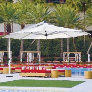 Galaxy large cantilever parasol is a fixed boom parasol in high quality parasol materials by Shademaker modern parasols company, Germany.