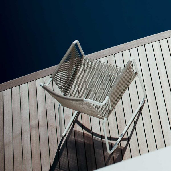 Harp modern garden armchair is a minimalist outdoor dining chair in high quality garden furniture materials by Roda luxury exterior furniture