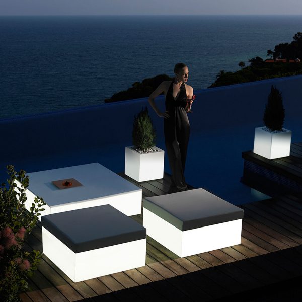 LED Lit QUADRAT Cubist Garden LOUNGE Furniture. MINIMALIST Outdoor Furniture Inc. Linear OTTOMANS, POUFS & LOW TABLE By Vondom ALL WEATHER Furniture.