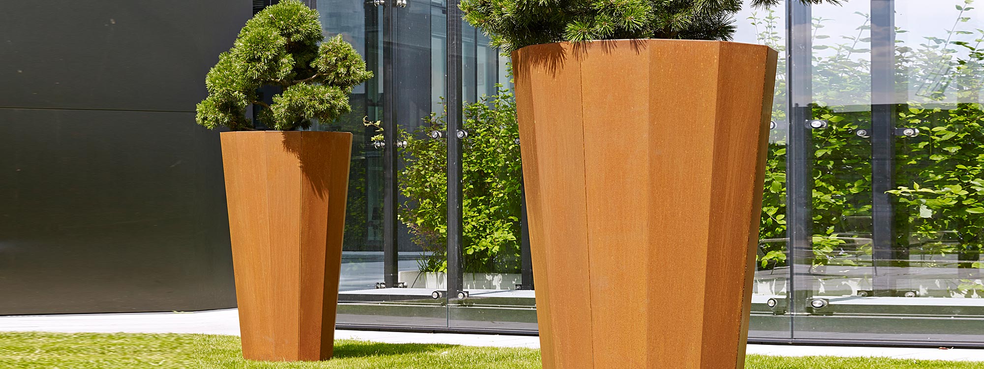 Image of pair of Iris tall corten planters by Flora, planted with small fir trees, shown outside large glass windows