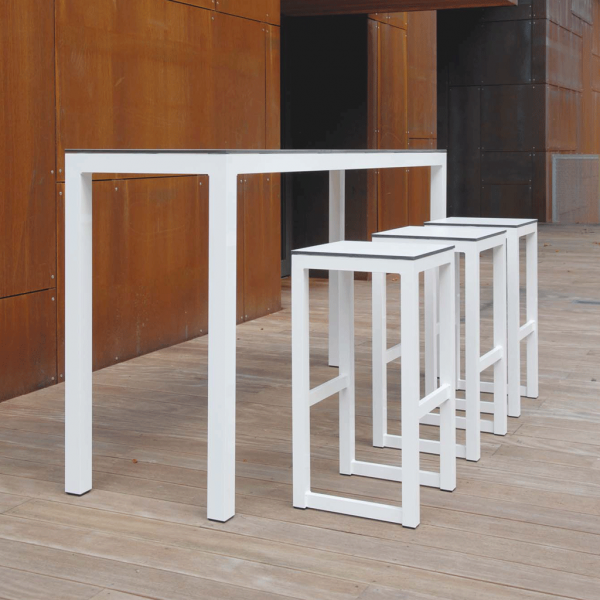 Image of Leuven white outdoor bar table and bar stools with linear design in white powder coated aluminium and HPL by Todus