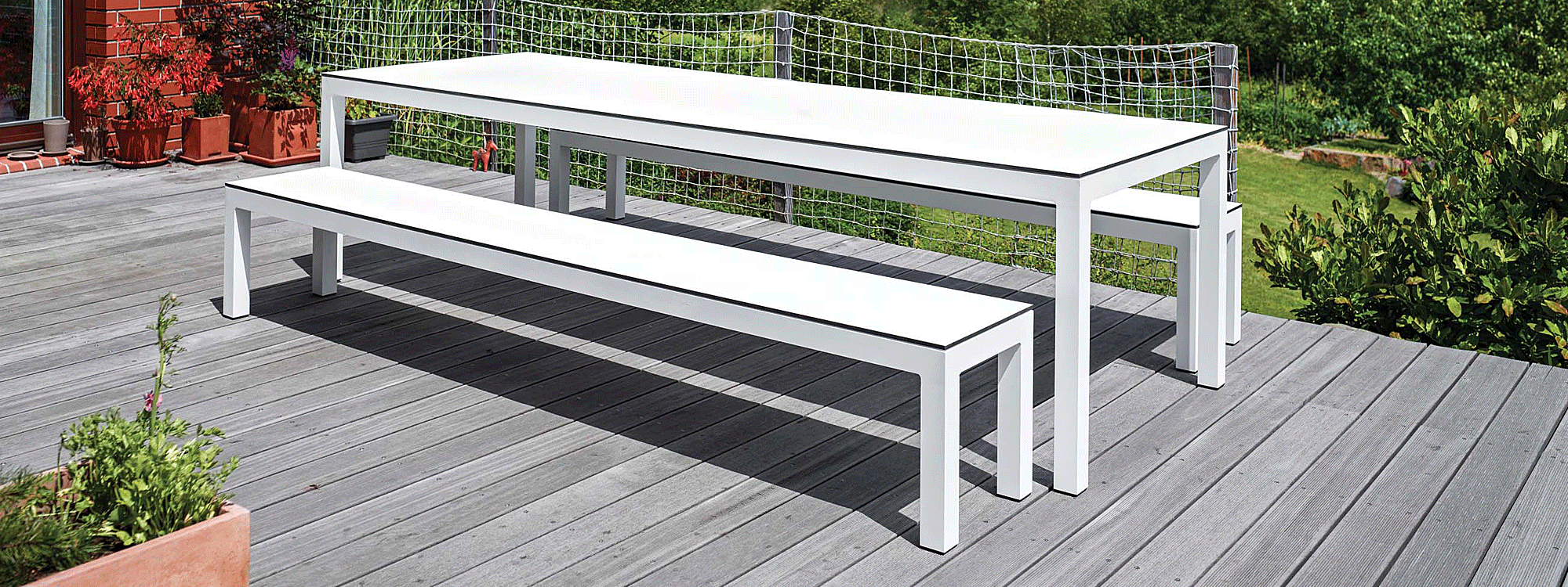 Leuven garden table bench set is a range of contemporary outdoor dining furniture by Todus stainless steel garden furniture company