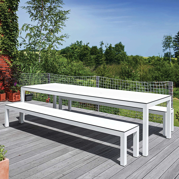 Leuven modern garden table & benches in White powder coated aluminium with White HPL surfaces