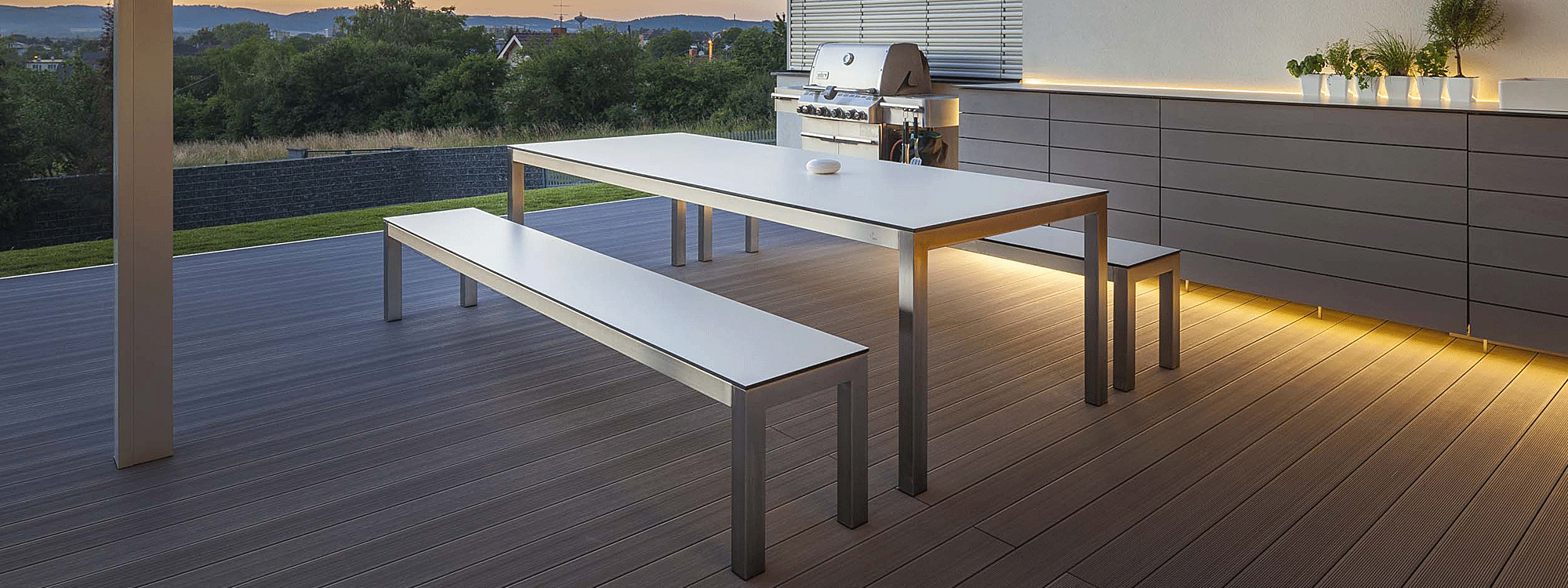 Leuven garden table bench set is a range of contemporary outdoor dining furniture by Todus garden furniture company