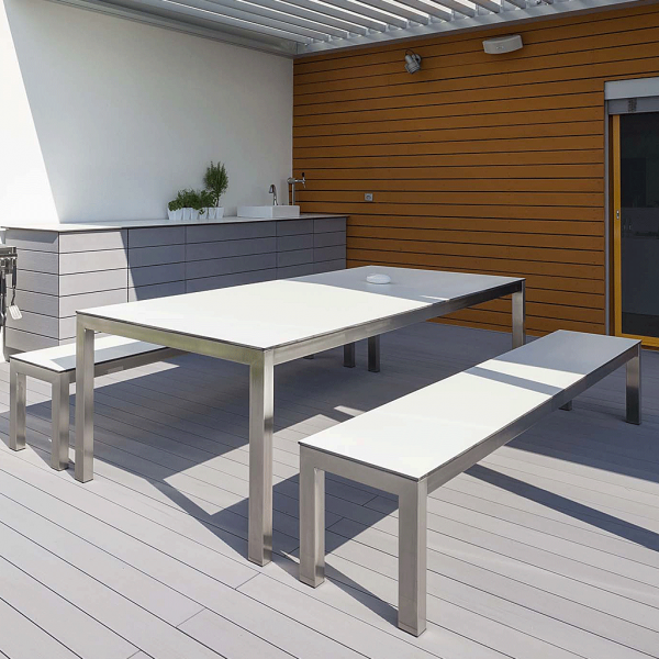 Leuven garden table bench set is a range of contemporary outdoor dining furniture by Todus stainless steel garden furniture company