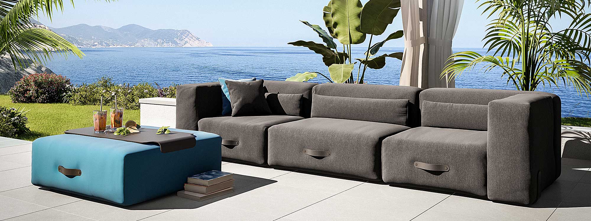 Anthracite Grey Miami outdoor sofa with inviting sea in background