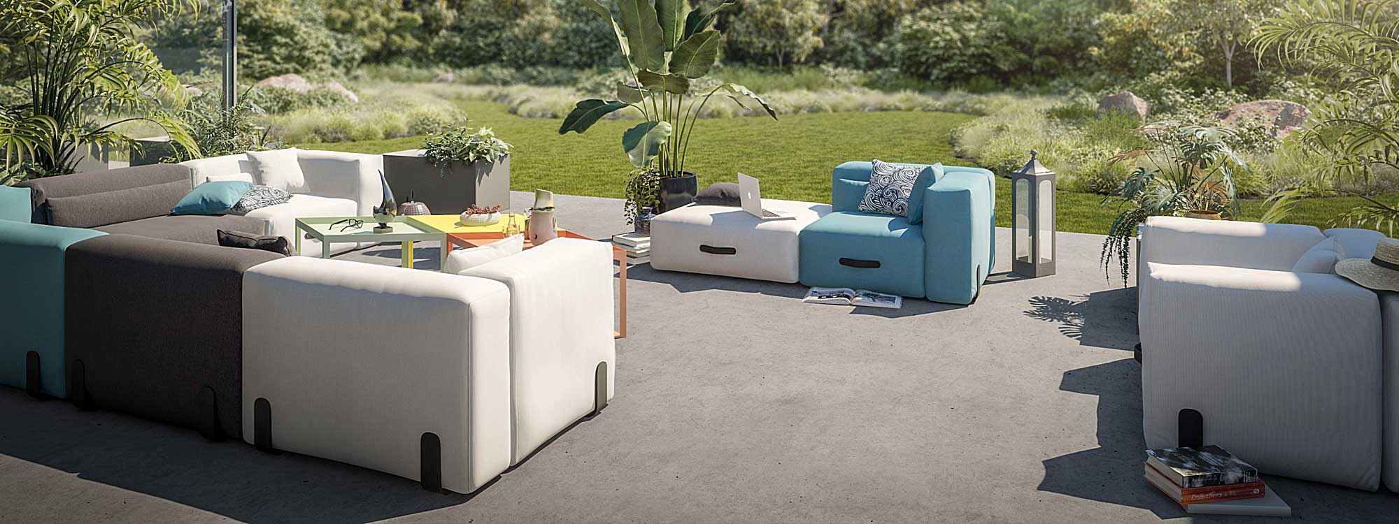 Miami upholstered garden sofa is available in Grey, Anthracite and Blue Sunbrella fabric