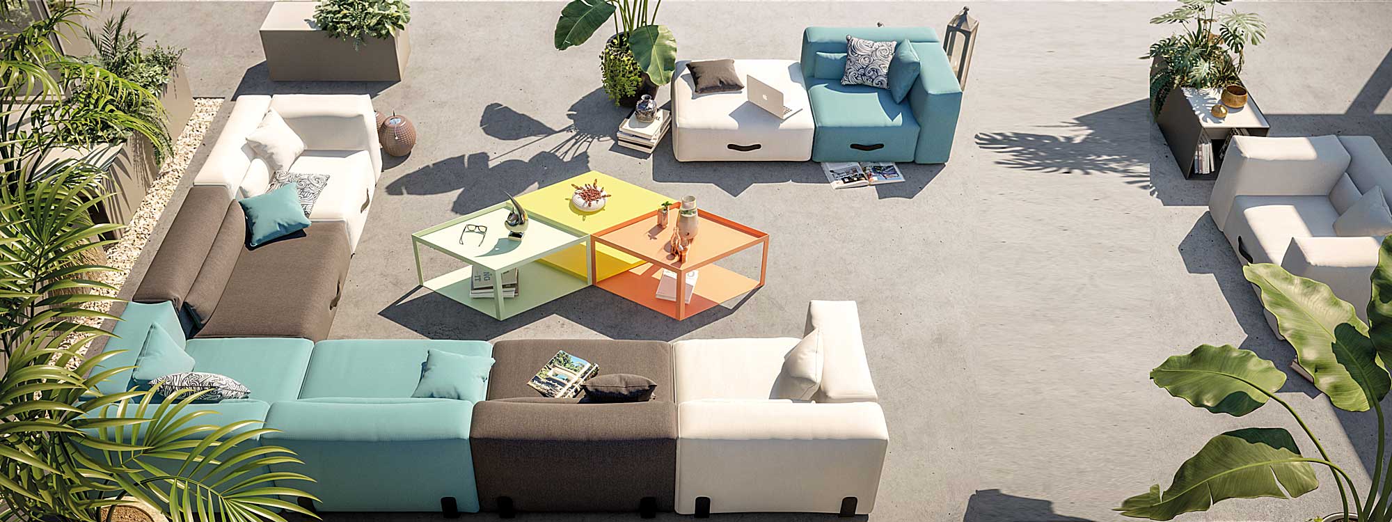 Birdseye view of Miami modular outdoor sofa and Karo modular low tables