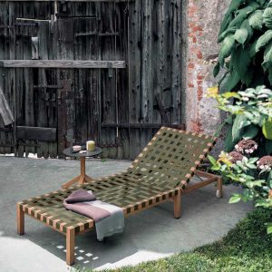 Mistral teak sun lounger with Olive webbing on shaded terrace