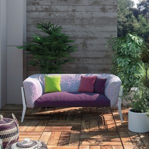 Image of Coro Clea comfortable garden sofa with white frame and contrasting coloured seat and back cushions