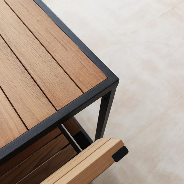 Image of detail of Roshults Garden Bistro dining furniture's linear design and teak and anthracite stainless steel materials