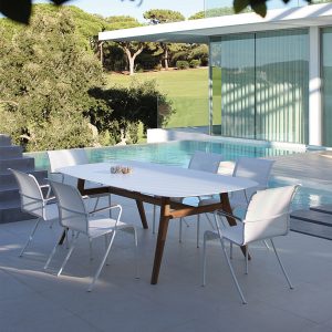 QT55 is a comfortable garden chair & Zidiz modern garden table or large extending garden table by Royal Botania luxury garden dining furniture