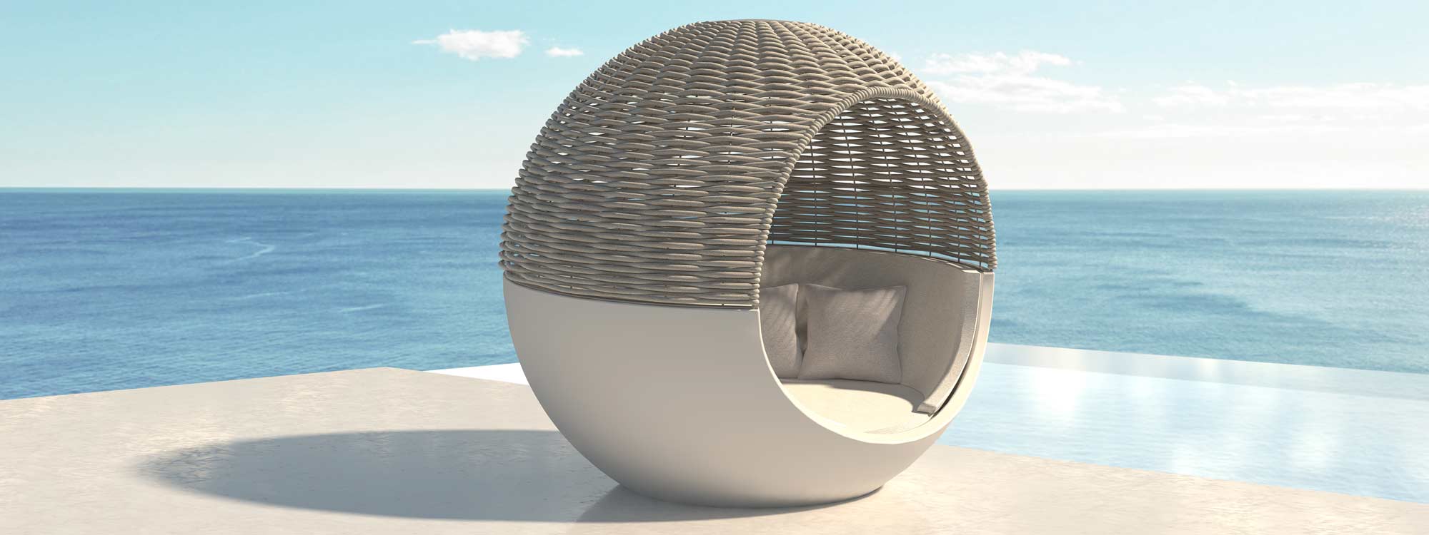 Image of Vondom Moon white garden daybed with taupe hand-woven rope canopy