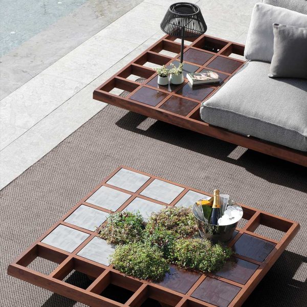 Image of Mozaix sofa & low table on outdoor carpet by Royal Botania luxury garden furniture