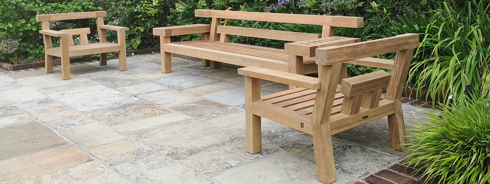 Nara modern teak garden bench includes an outdoor lounge bench, individual lounge bench & bench seat by Royal Botania high quality teak furniture