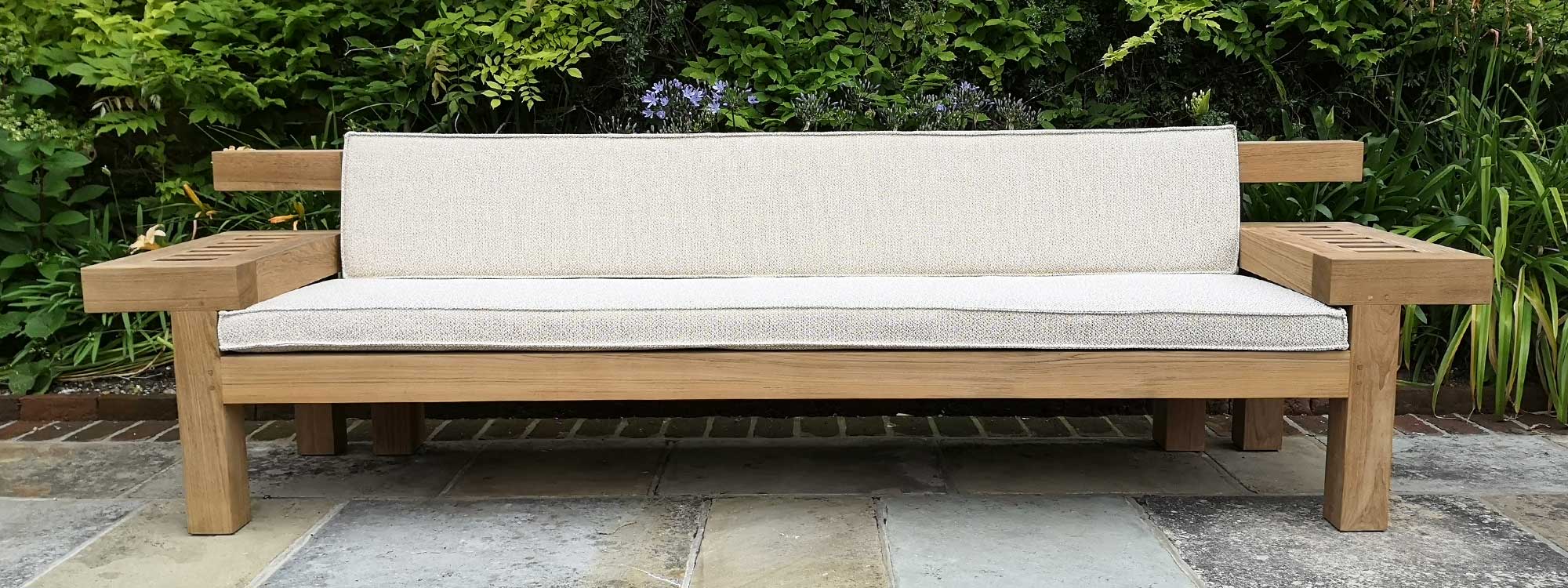 Royal Botania Nara teak sofas are designed by Louis Benech and are optionally available with cushions in a wide range of luxury outdoor fabrics