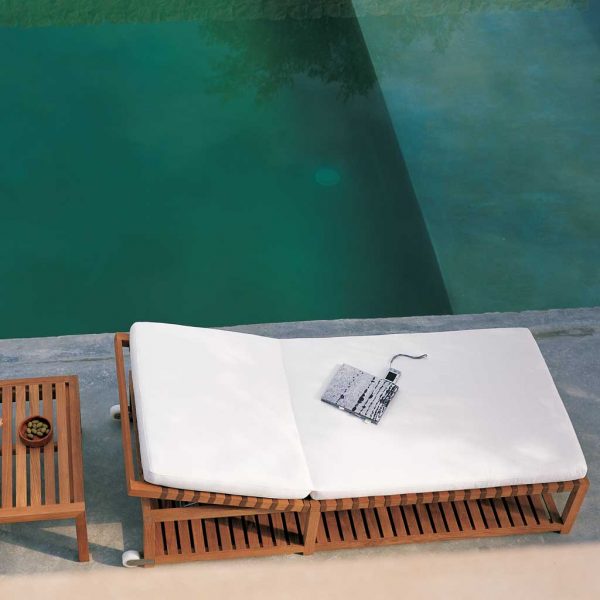 Birdseye view of Network modern sun lounger with White cushion next to swimming pool