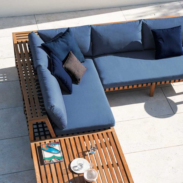 Birdseye view of Network teak garden sofa with Blue cushions