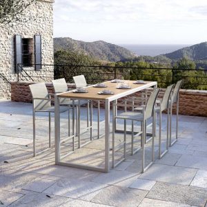 Royal Botania Ninix modern outdoor bar furniture & quality stainless steel garden furniture with luxury bar stool & rectangular high bar table