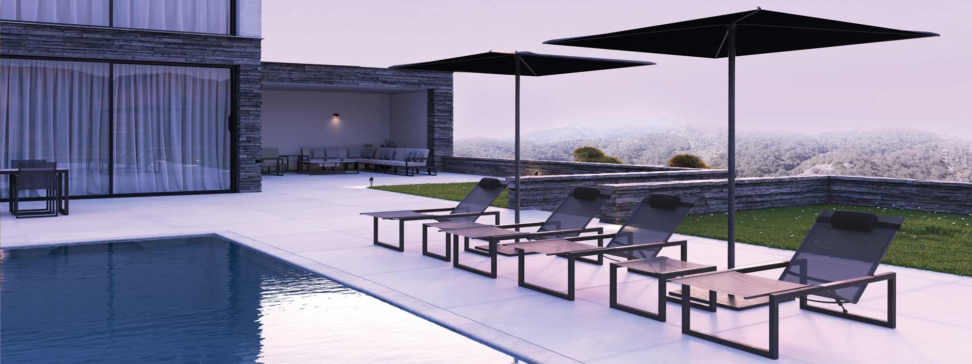 Ninix sun loungers around pool with Oazz modern parasol is an easy to use parasol made in high quality shade materials by Royal Botania parasols company