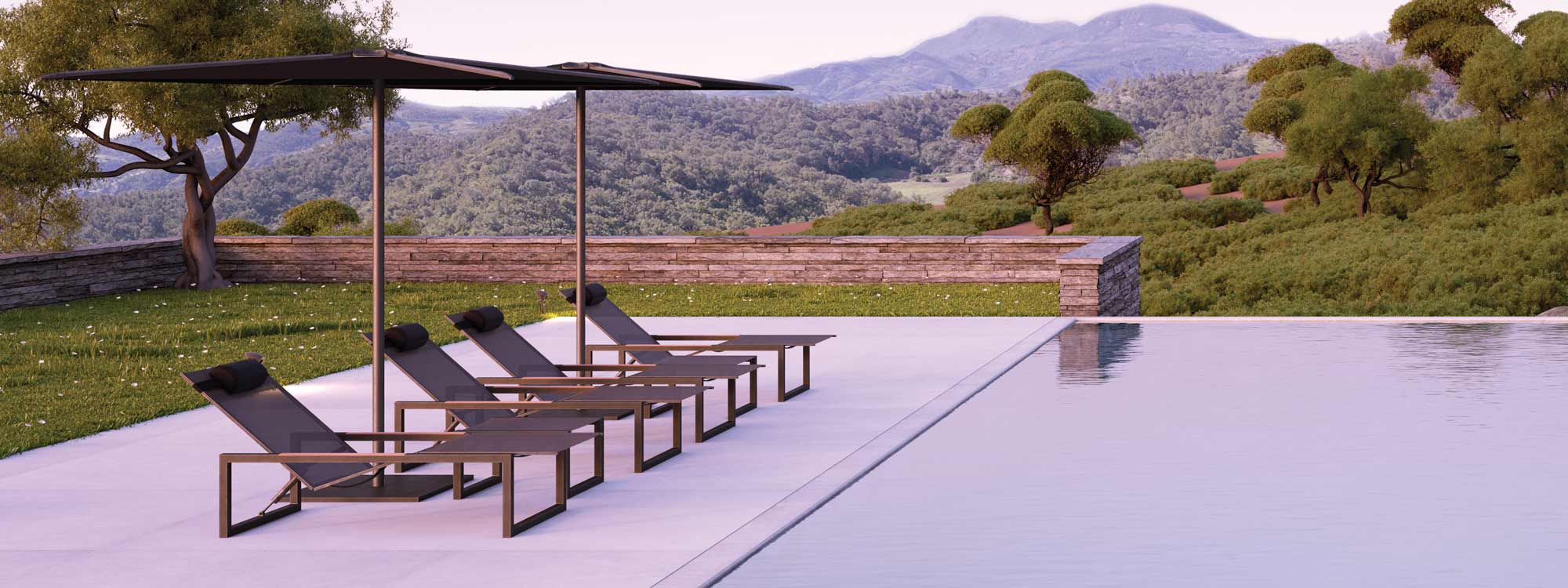 Royal Botania outdoor furniture collection includes the iconic Ninix sun lounger, shown here with the chic Oazz parasol.