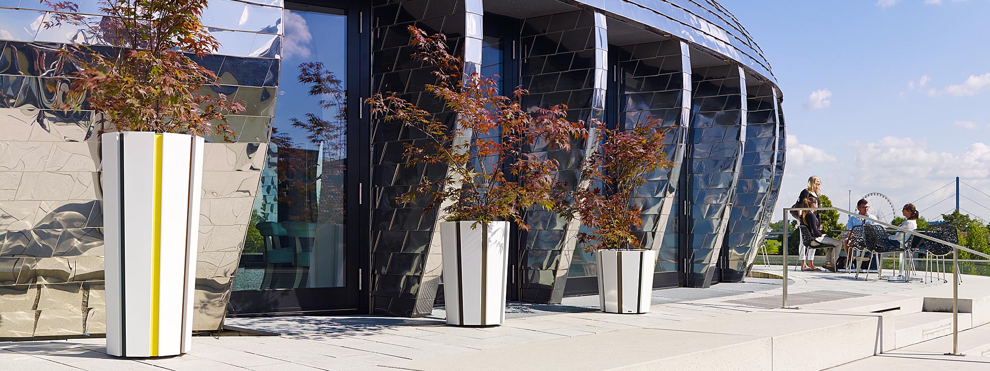 Image of different sizes of Flora Octa geometric planters planted with acer trees, shown on sunny terrace outside curvy & modern building