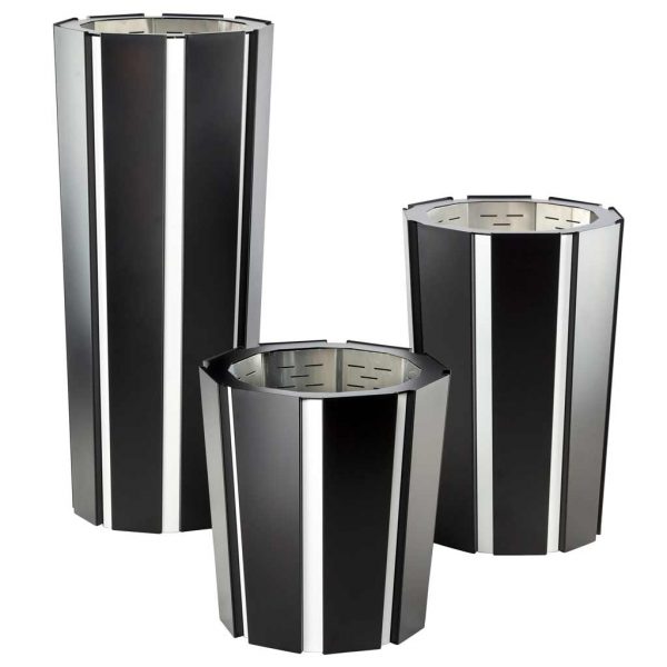 Studio image of 3 different sizes of Octa minimalist plant pots in black and white by Flora