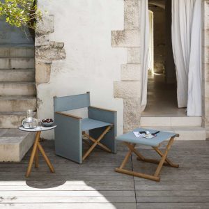 Image of ORSON folding garden lounge chair and foot rest in teak and sky blue Batyline all-weather mesh