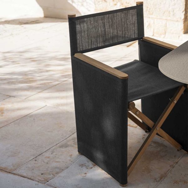 Image of RODA Orson contemporary teak director chair with surfaces in dark grey Batyline all-weather mesh fabric