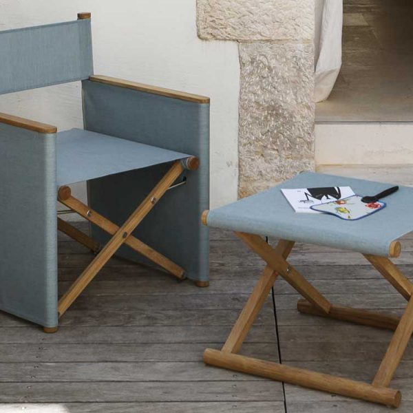Image of Sky blue & teak Orson garden lounge chair and folding foot rest by RODA