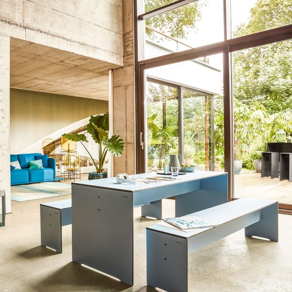 Riva modern kitchen table and benches in Taupe HPL