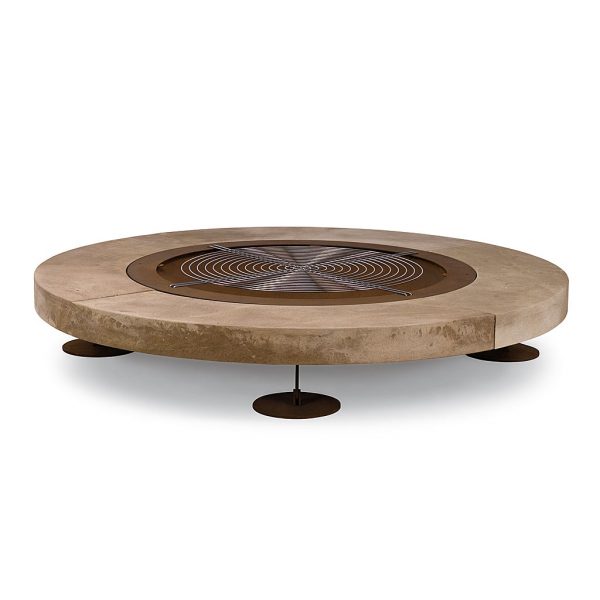 Studio image of AK47 Design Rondo circular fire pit with large BBQ grill fitted