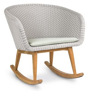 Studio image of Shell retro rocking chair by FueraDentro, shown in Taupe Batyline fibre with teak skid legs